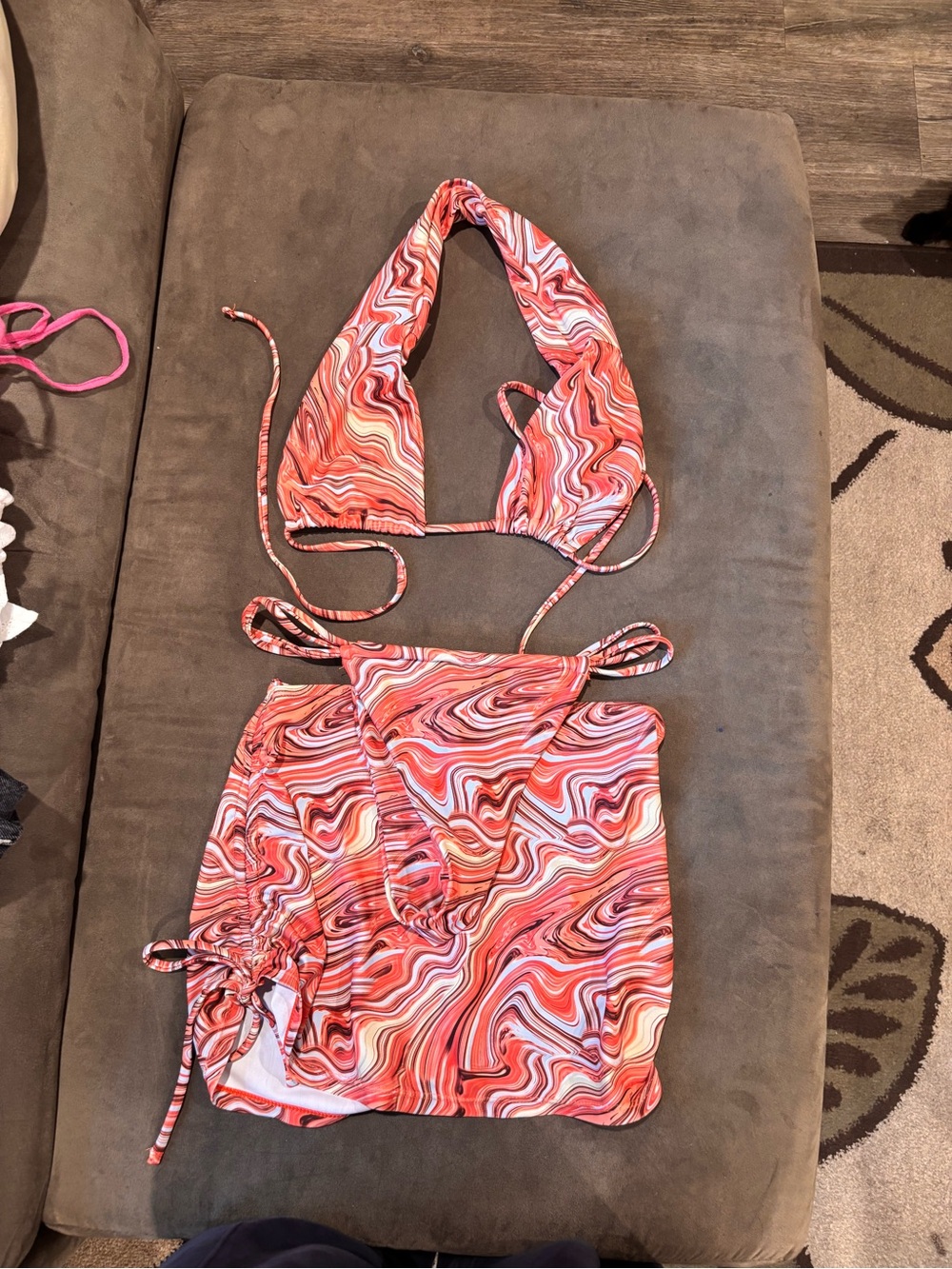 Red Swirl Halter Bikini Set with Skirt